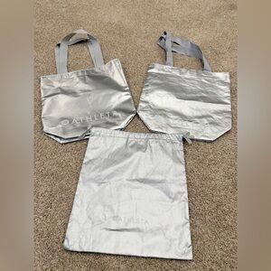 Athleta Metallic Silver Reusable Shopping Tote Gym Bag Gray Handle Gift Bag Set